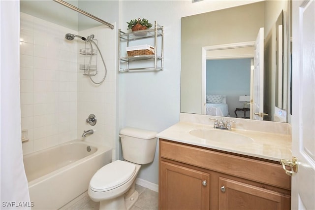 ensuite bathroom featuring toilet, tile patterned floors, ensuite bathroom, shower / bath combination with curtain, and vanity