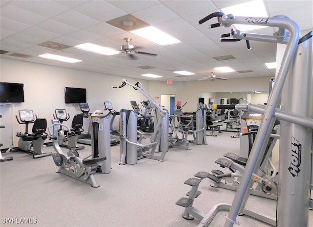 gym with a paneled ceiling and a ceiling fan