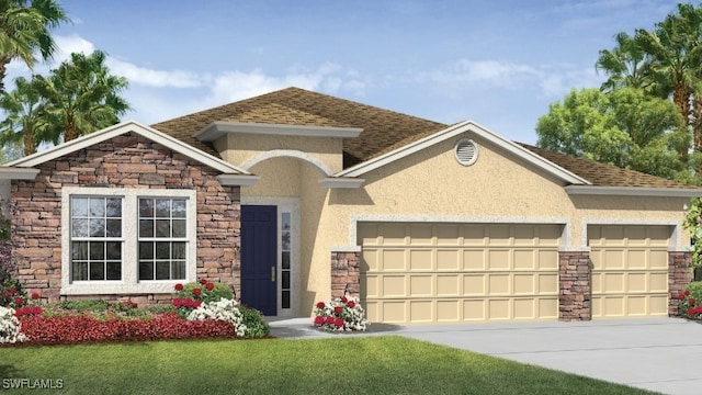 view of front facade with a garage and a front lawn