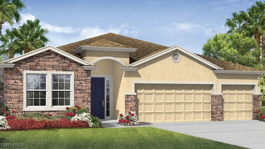 view of front of property with a garage and a front lawn