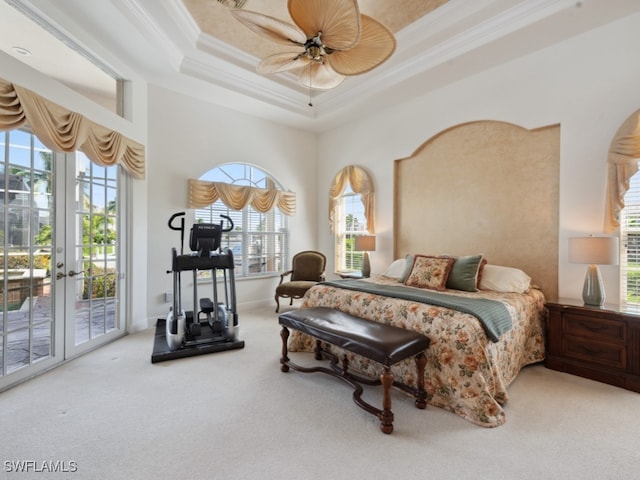 bedroom featuring access to exterior, a raised ceiling, carpet floors, and multiple windows