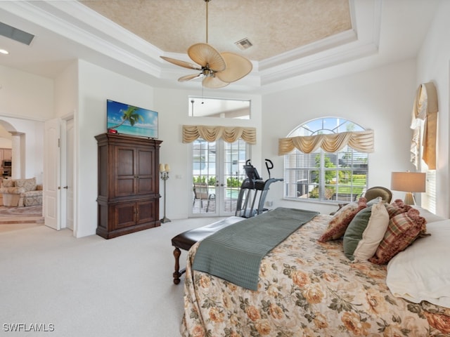 bedroom featuring access to outside, carpet flooring, multiple windows, and a tray ceiling