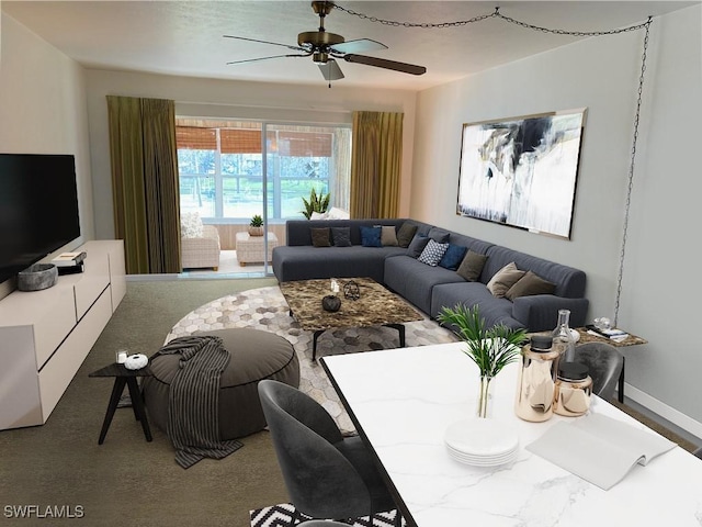 living room featuring carpet floors and ceiling fan