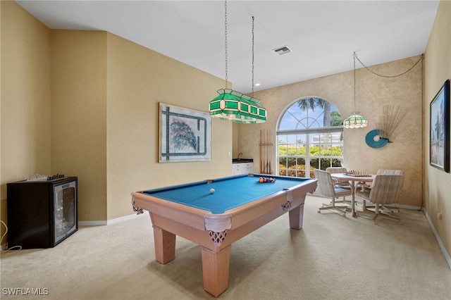 playroom featuring baseboards, visible vents, a high ceiling, pool table, and carpet flooring