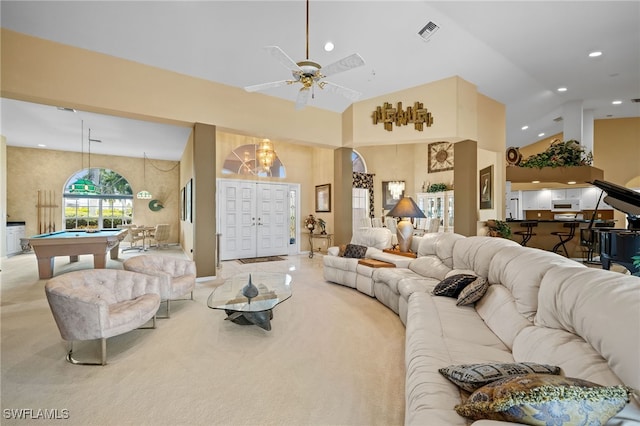 living room with light carpet, high vaulted ceiling, ceiling fan, and pool table