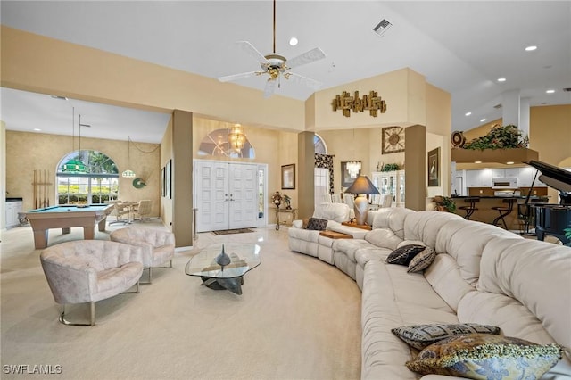 2512 SW 28th Pl, Cape Coral, FL 33914 - carpeted living room featuring billiards table, recessed lighting, ceiling fan, high vaulted ceiling, and a chandelier