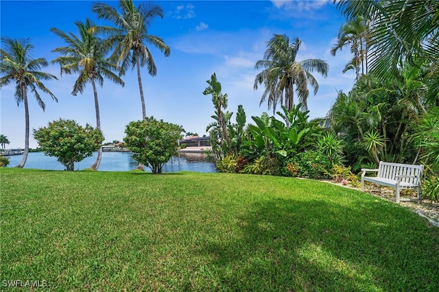 view of yard with a water view