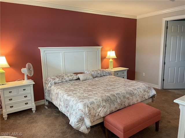 bedroom featuring dark colored carpet and crown molding