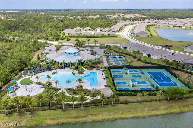 drone / aerial view featuring a water view