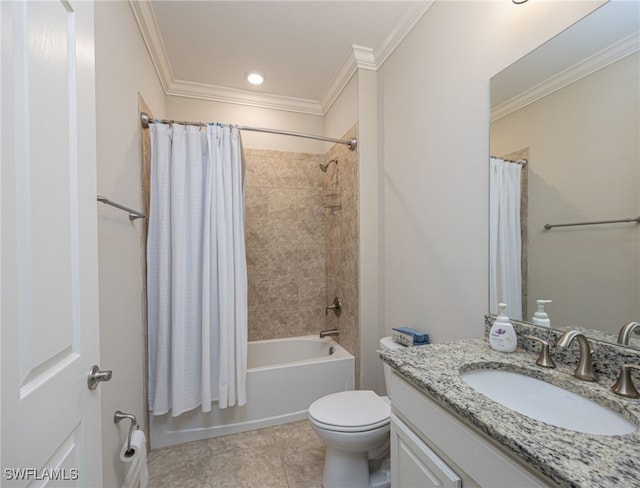 full bathroom with vanity, shower / bath combo with shower curtain, tile patterned floors, crown molding, and toilet