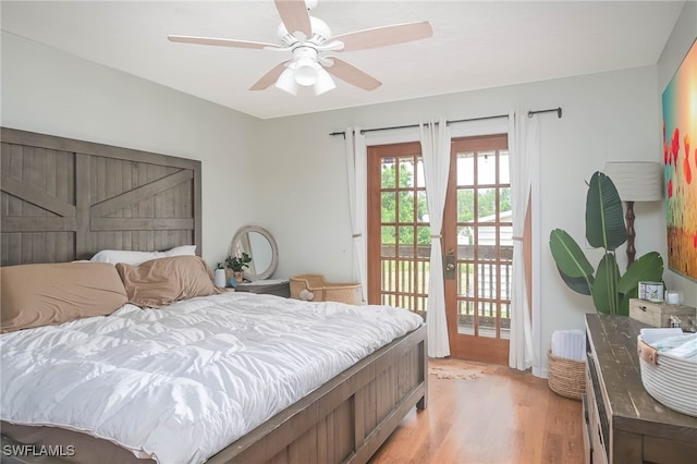 bedroom featuring ceiling fan, access to outside, and light hardwood / wood-style floors