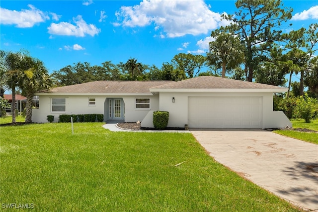 ranch-style house with a front lawn and a garage