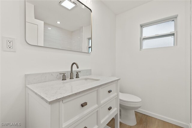 bathroom featuring toilet, vanity, and wood-type flooring