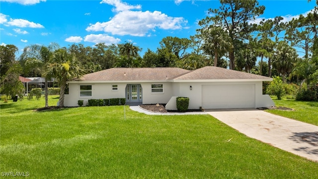 single story home with a front lawn and a garage