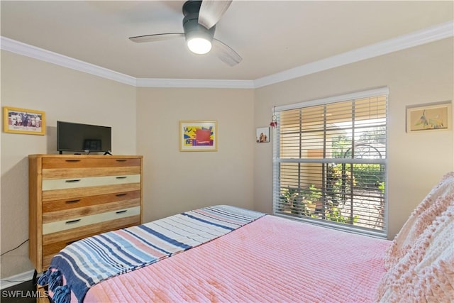 bedroom with ceiling fan and ornamental molding