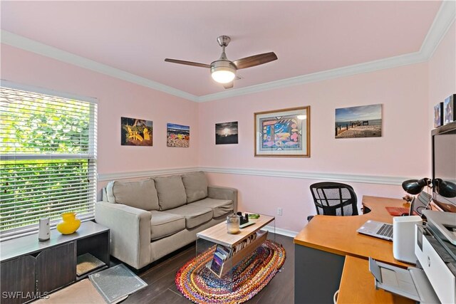 home office featuring baseboards, crown molding, and ceiling fan