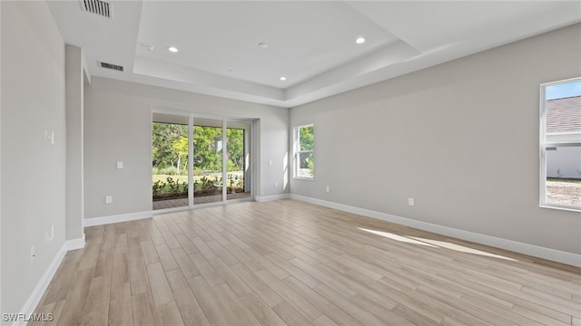 spare room featuring light hardwood / wood-style floors, plenty of natural light, and a tray ceiling