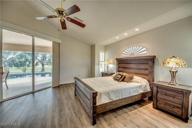 bedroom with light wood finished floors, recessed lighting, ceiling fan, vaulted ceiling, and access to outside