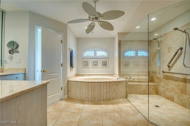 bathroom featuring a walk in shower, ceiling fan, vanity, and a bath