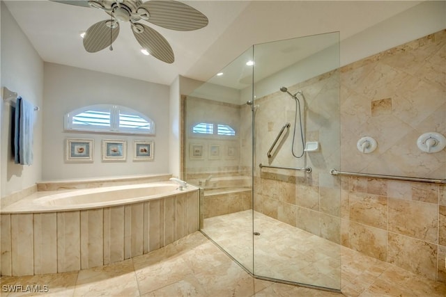 full bathroom featuring a ceiling fan, a garden tub, and a walk in shower