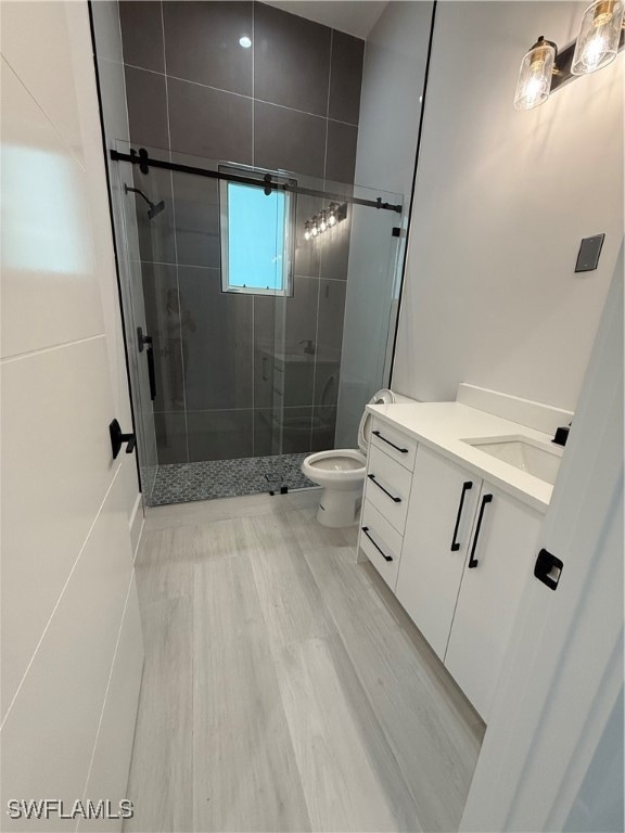 bathroom featuring vanity, toilet, a shower with door, and wood-type flooring