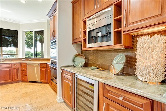 kitchen with decorative backsplash, light stone counters, light tile patterned flooring, stainless steel dishwasher, and beverage cooler