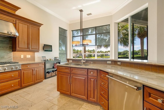 kitchen with light tile patterned floors, wall chimney range hood, stainless steel appliances, and hanging light fixtures