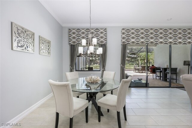 dining area with crown molding, light tile patterned floors, and a notable chandelier