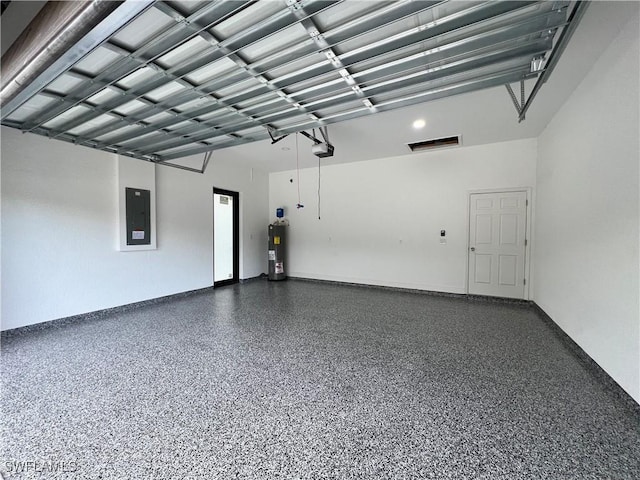 garage featuring electric panel, electric water heater, and a garage door opener