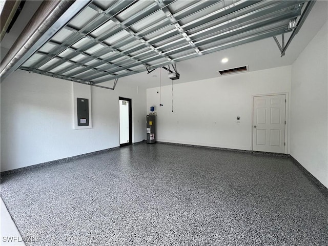 garage with electric panel, a garage door opener, baseboards, and electric water heater