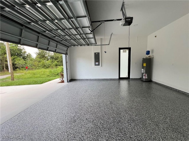 garage featuring electric panel, a garage door opener, and water heater