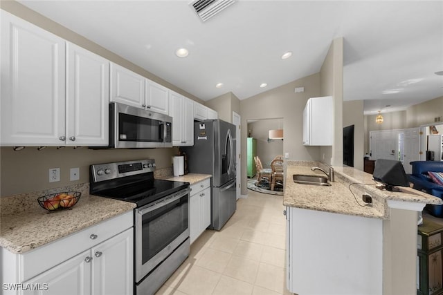 kitchen featuring visible vents, a peninsula, white cabinets, stainless steel appliances, and a sink