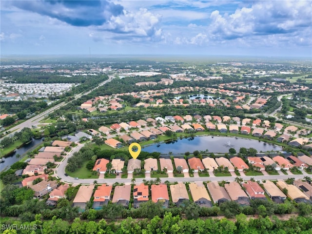 drone / aerial view featuring a water view