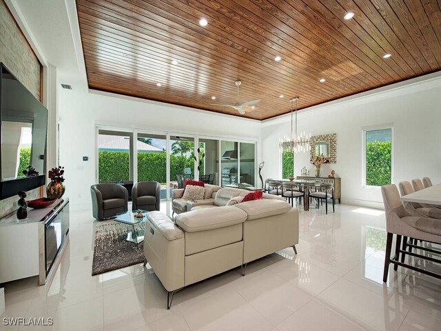 living room featuring light tile patterned floors, wood ceiling, and a notable chandelier