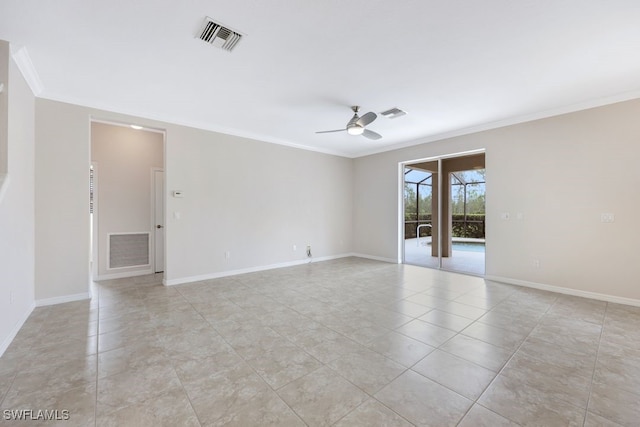 empty room featuring ceiling fan, light tile patterned flooring, and crown molding