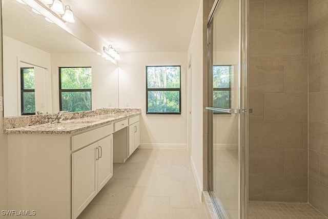 bathroom featuring vanity and an enclosed shower