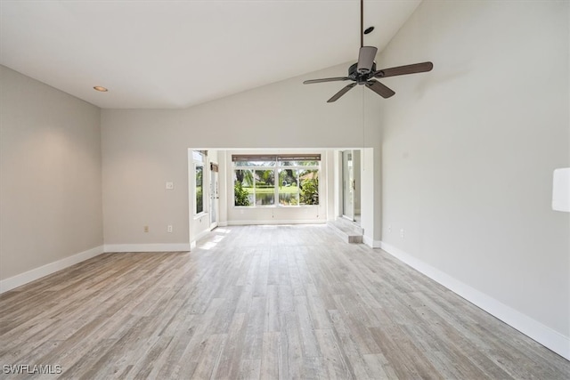 unfurnished living room featuring light hardwood / wood-style flooring, high vaulted ceiling, and ceiling fan