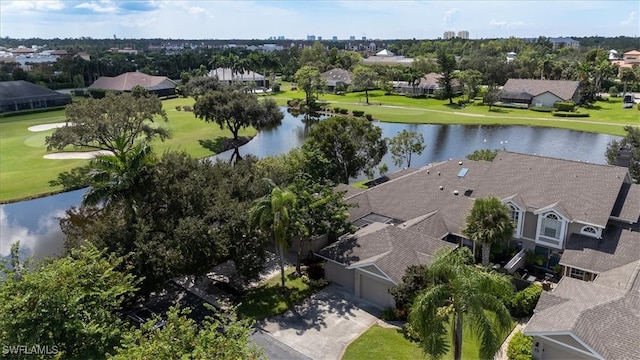 bird's eye view with a water view