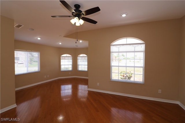 empty room with wood-type flooring and ceiling fan