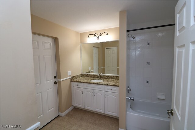 bathroom with vanity, tiled shower / bath, and tile patterned flooring