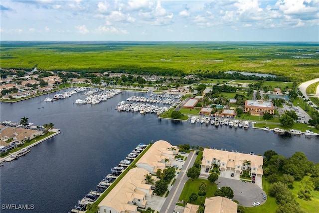 drone / aerial view with a water view