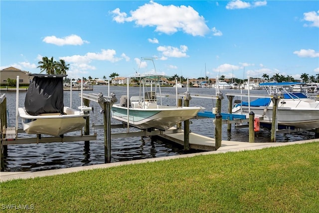 view of dock with a water view and boat lift