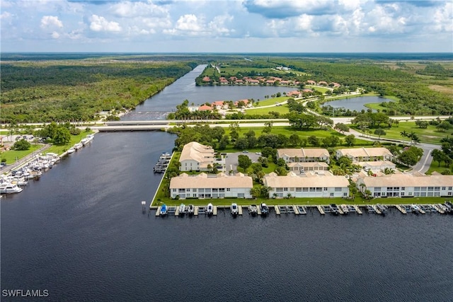 bird's eye view featuring a water view and a view of trees