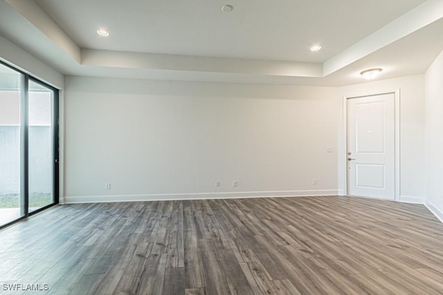 empty room with a raised ceiling and wood-type flooring