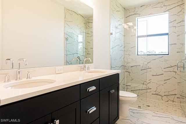 bathroom featuring toilet, vanity, and walk in shower