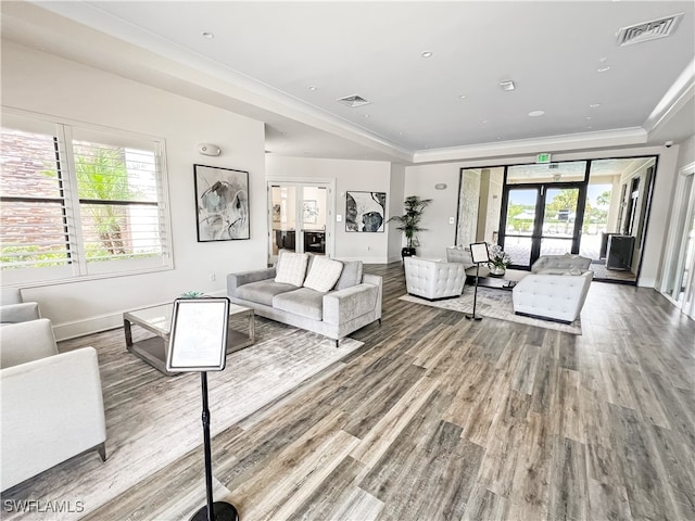 living room featuring french doors, ornamental molding, hardwood / wood-style floors, and a wealth of natural light