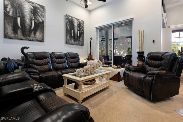 living room featuring ceiling fan and carpet flooring