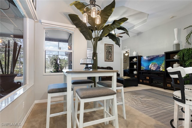 dining area with light colored carpet