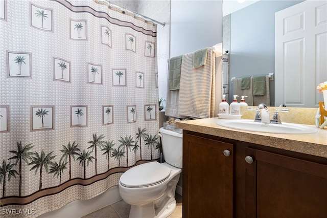 bathroom with a shower with shower curtain, vanity, toilet, and tile patterned flooring