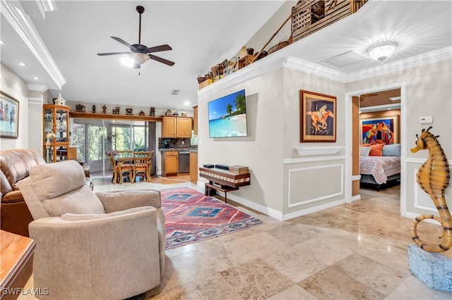 living room featuring ornamental molding and ceiling fan